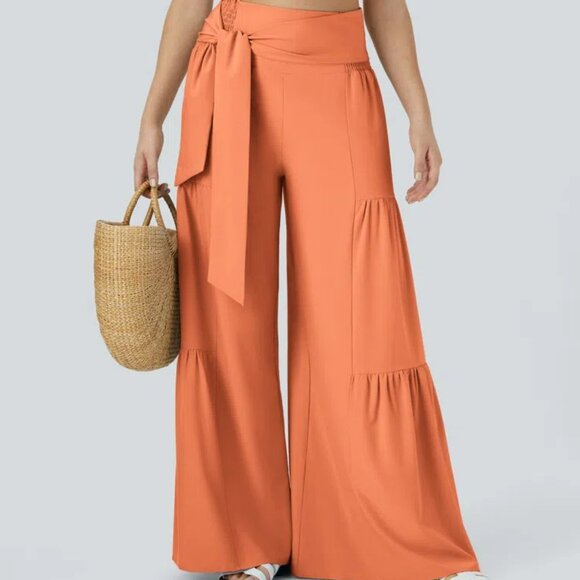 HALARA Pants High Rise Wide Leg M Orange Tiered Belted NWT Vacation Resort - Picture 11 of 11